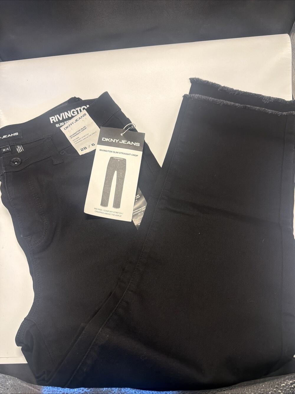 DKNY Women's Rivington Slim Straight Crop Raw Jeans Black Mid Rise Size 28